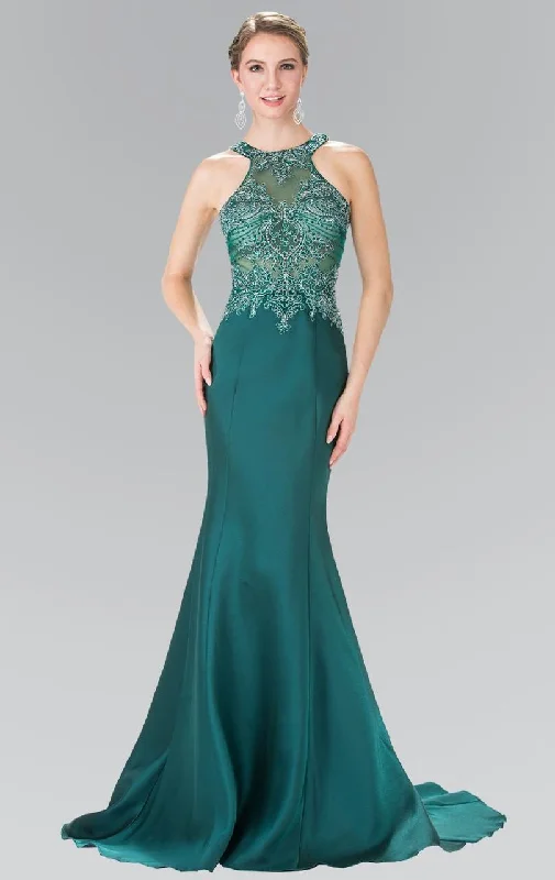 Prom dresses with metallic - colored fabrics and beaded embroidery for a glamorous promElizabeth K - GL2325 Embellished High Neck Jersey Trumpet Dress