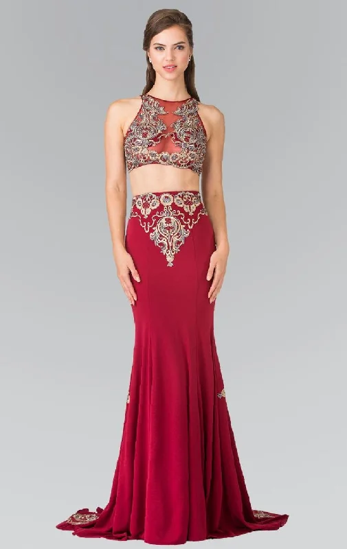 Formal dresses with one - shoulder ruffled straps and sequined bodices for a trendy and eye - catching lookElizabeth K - GL2296 Embellished High Neck Rome Jersey Dress