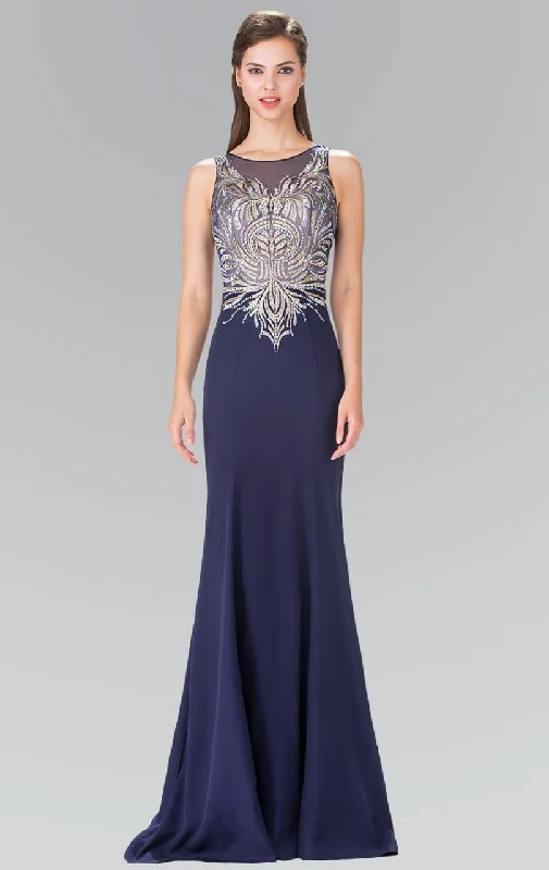 Formal dresses with high - low hems and floral embroidery for a unique prom styleElizabeth K - GL2323 Embellished Scoop Neck Rome Trumpet Dress