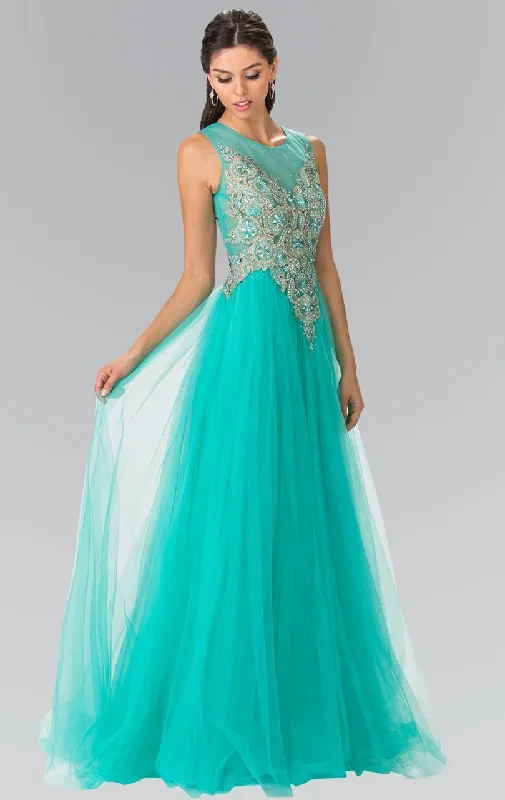 Formal dresses with button - front designs and tulle skirts for a charming prom styleElizabeth K - GL2317 Embellished Scoop Neck Tulle A-Line Dress