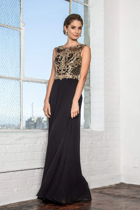 Prom dresses with side - slit skirts and beaded fringes for a glamorous appearanceElizabeth K - GL2316 Embroidered Scoop Neck Chiffon Dress