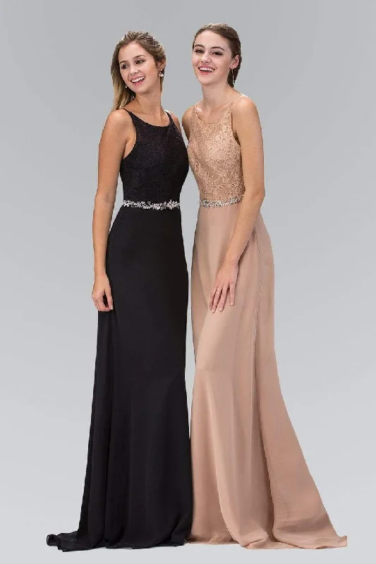 Formal dresses with off - the - shoulder sleeves and rhinestone accents for a sophisticated promElizabeth K - GL2163 Lace Embellished Jewel-accented Dress