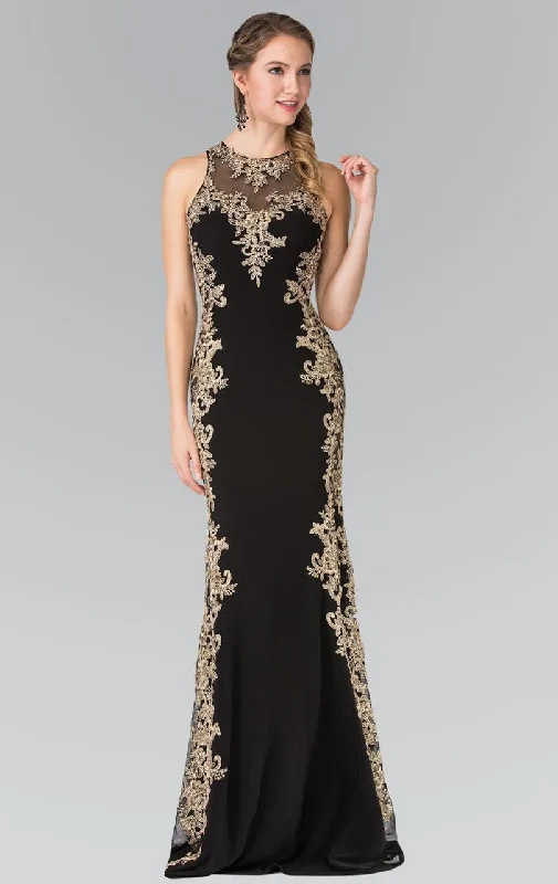 Formal dresses with wrap - around styles and beaded belts for a customized fitElizabeth K - GL2320 Laced Illusion High Neck Rome Jersey Dress