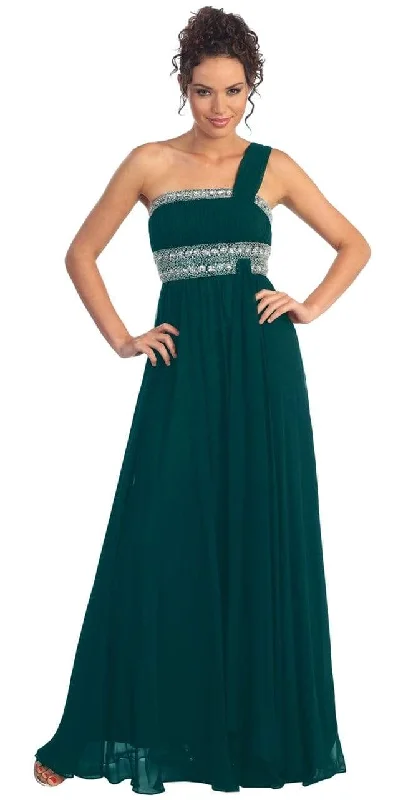 Sleeveless formal dresses with sequined straps and a - line skirts for a classic formal eventElizabeth K - GL1015 One Shoulder Bejeweled Empire Long Dress