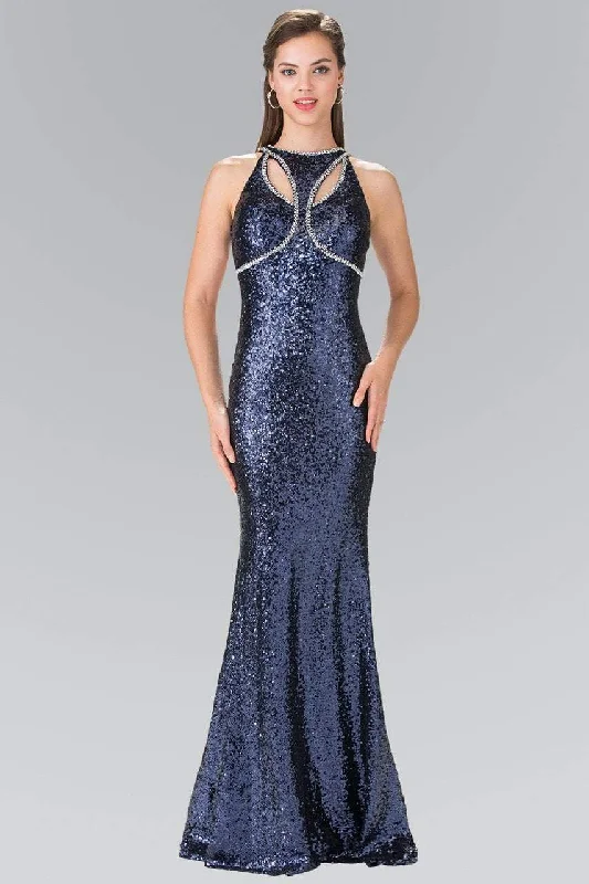 Prom dresses with lace - trimmed sleeves and empire - style waists for a flattering and vintage - inspired formal affairElizabeth K - GL2217 Sequined Halter Neck Trumpet Dress