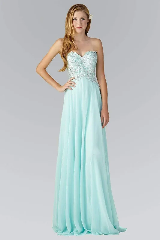 Formal dresses with wrap - around styles and beaded belts for a customized fitElizabeth K - GL2049 Strapless Applique Chiffon Gown