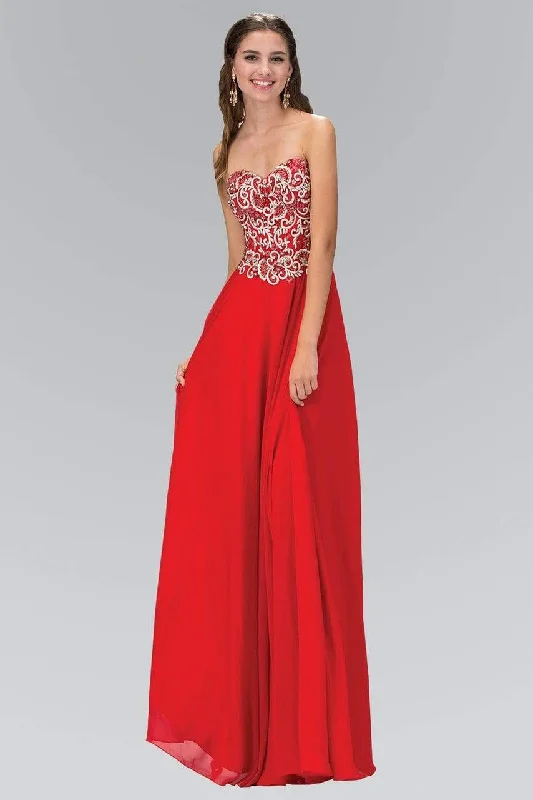 Formal dresses with asymmetric ruffled hems and high - low designs for a fashion - forward and dynamic appearanceElizabeth K - GL2018 Strapless Embroidered Chiffon Gown