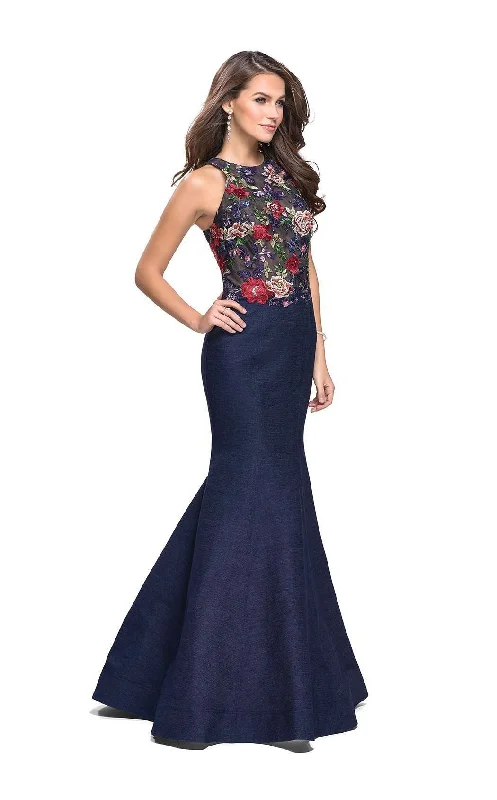 Tea - length formal dresses with lace trim for a semi - formal promLa Femme 25885 Dress