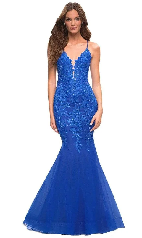 Formal dresses with pleated yokes and button - up fronts for a classic and refined lookLa Femme - 30584 Beaded Lace Mermaid Gown