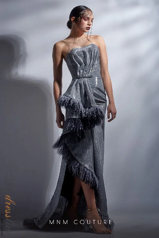 Formal dresses with wrap - around styles and beaded belts for a customized fitMNM Couture G1250