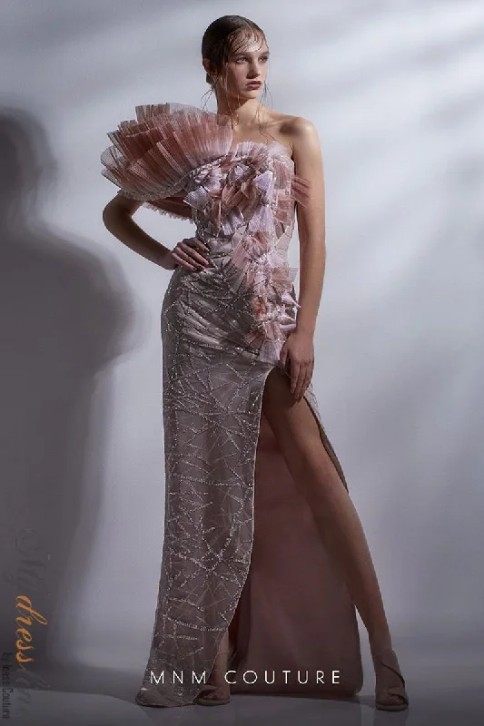 Formal dresses with ruffled skirts and bow accents for a charming prom appearanceMNM Couture G1264