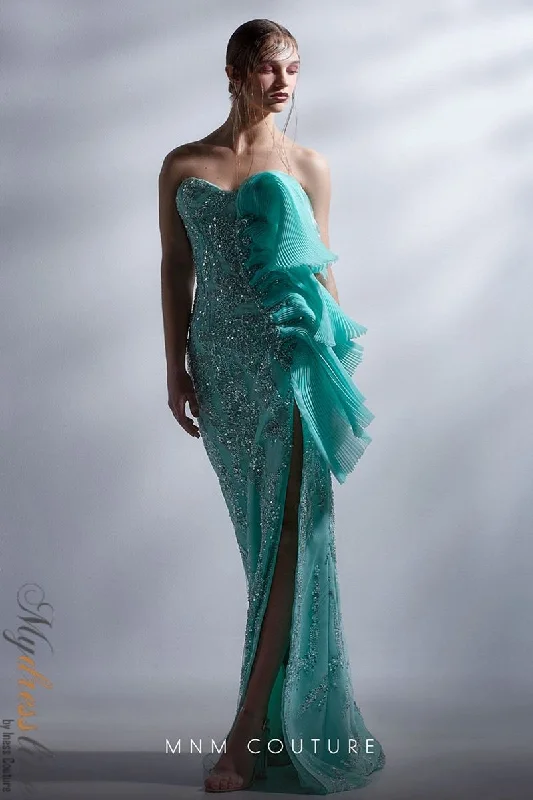 Formal dresses with high - low hems and floral embroidery for a unique prom styleMNM Couture G1281