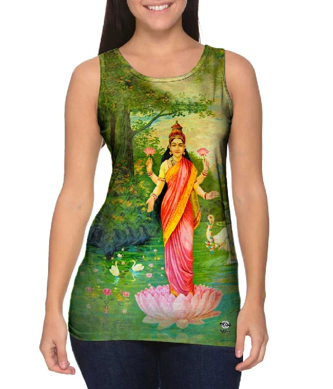 Plus Size Women's Ruffled Hem Tank Tops with Floral PrintsRaja Ravi Varma - "Lakshmi"