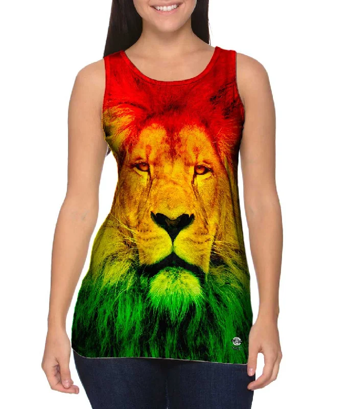 Plus Size Women's Embroidered Tank Tops in Boho StylesRastafarian Lion