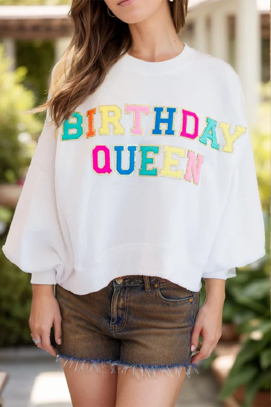 Convertible Straps Bodysuits for Multiple Styling OptionsBIRTHDAY QUEEN Sequin Round Neck Long Sleeve Sweatshirt