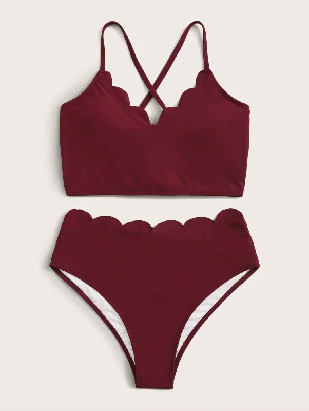 Sustainable bikini made from recycled materials for eco - conscious beachgoersBurgundy Scallop Trim Criss Cross Bikini