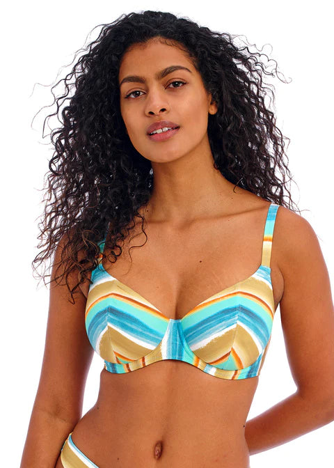 High - performance bikini with quick - drying fabric for active swimmersCastaway Island Plunge Bikini Top In Blue Multi