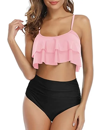 Tropical - themed bikini for a vacation - ready beach outfitFlattering High Waisted Ruffle Ruched Women's Bikini Set-Pink And Black