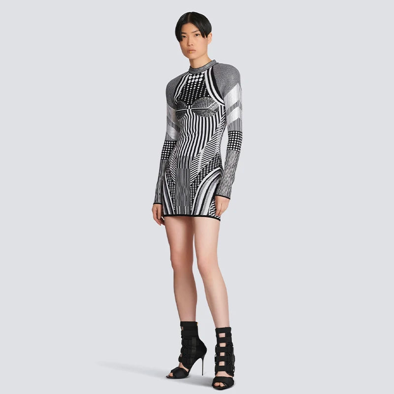 Cut - Out Bodysuits for a Trendy and Fashion - Forward StyleGeometric Long Sleeve Mini Bodycon Dress