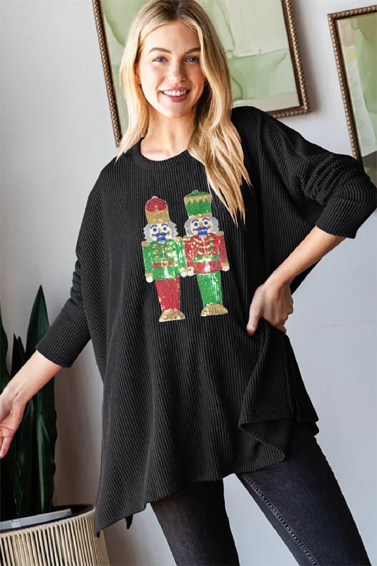 Cut - Out Bodysuits for a Trendy and Fashion - Forward StyleHeimish Sequin Nutcracker Long Sleeve Ribbed Top