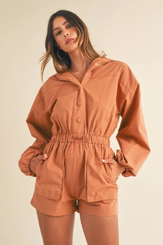 Ruffled Bodysuits with a Playful and Feminine TouchSnap Down Long Sleeve Hooded Romper