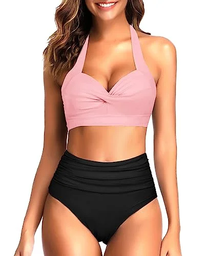 High - performance bikini with quick - drying fabric for active swimmersRetro Halter Two Piece Ruched Bikini Sets