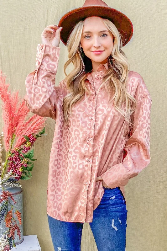 Plus - Size Bodysuits with a Comfortable and Flattering FitSatin Leopard Button Up Curved Hem Shirt