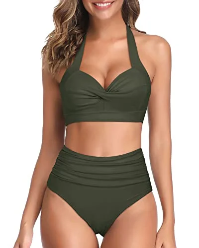 Tie - side bikini bottoms for an adjustable and stylish fitWomen's Vintage Retro Halter High Waist High Leg Bikini Swimsuit-Army Green