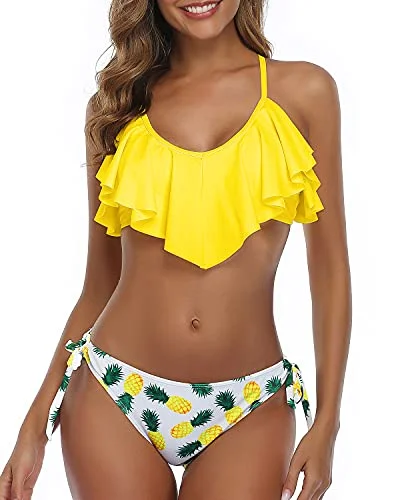 Monokini - style bikini with a unique one - piece - meets - bikini designTwo Piece Bikini Cross Back Ruffled Bikini For Women-Yellow Pineapple