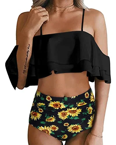 Convertible bikini that can be worn in multiple styles for versatilityElegant Off Shoulder Bikini Set For Women Tummy Control Bottoms-Black Sunflower