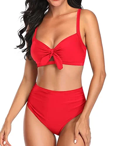 Lace - trimmed bikini for an elegant and romantic touchCute Two Piece Bikini Set Tummy Control Ruched Bikini-Neon Red