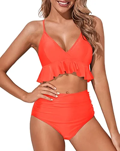 Convertible bikini that can be worn in multiple styles for versatilityComfortable High Waisted Tummy Control Swimsuits-Neon Orange