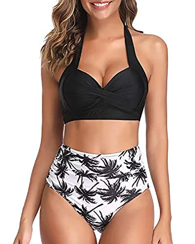 High - waisted bikini for a retro and tummy - flattering lookFlattering Pleated Front Panel Vintage High Waisted Bikini-Black Palm Tree