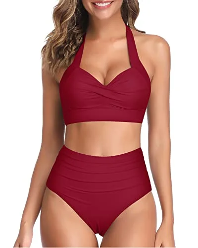 High - waisted bikini for a retro and tummy - flattering lookTwo Piece Push Up Bra Adjustable Straps High Cut Bikini-Red