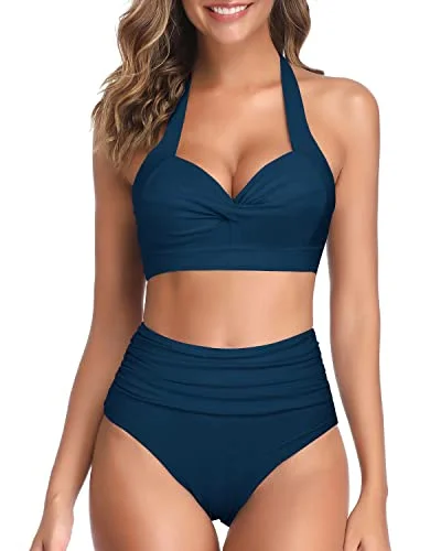 Push - up bikini top to enhance the bust for a confident beach appearanceTwo Piece Self-Tie Halter Neck Pleated Front Panel Push Up Bikini-Teal