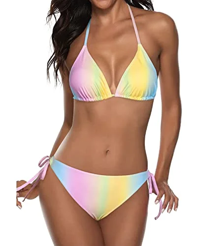 Long - line bikini top for added support and a fashionable lookTwo Piece Halter Padded Top Tie Side Bottom Bikini Bathing Suit 2 Piece Bikini Sets-Color Stripes