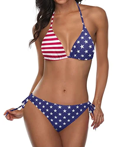 Sustainable bikini made from recycled materials for eco - conscious beachgoersHalter Padded Top Tie Side Cheeky Triangle Bikini Bathing Suit-Flag