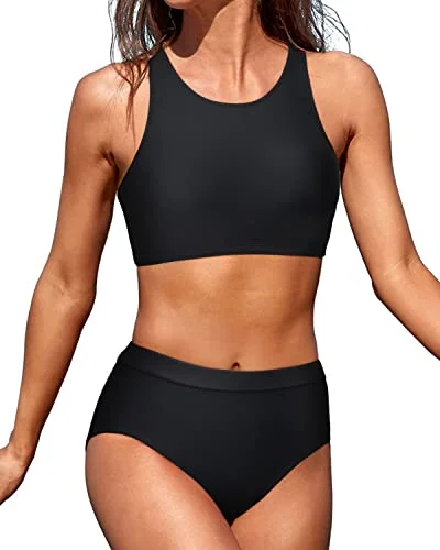 Long - line bikini top for added support and a fashionable lookHigh Neck Crop Top Bikini Set 2 Piece Bathing Suits For Teen Girls-Black