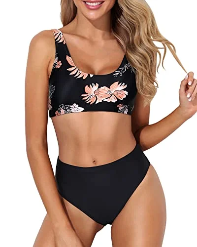 Maternity bikini for expecting mothers to enjoy the beach comfortablyPadded Push Up Bra Support Sports Two Piece Bikini For Women-Black Orange Floral