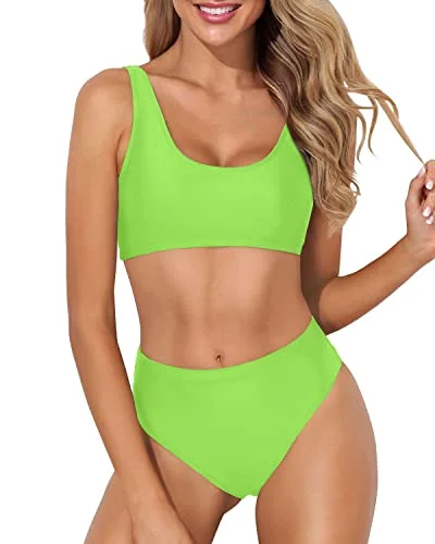 Convertible bikini that can be worn in multiple styles for versatilityHigh Leg Cut Swimsuit Crop Top Two Piece Scoop Neck Bikini For Women-Neon Green