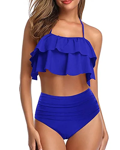 UV - protection bikini for safe sun exposure during beach daysTwo Piece Teen Ruffle Tummy Control High Waisted Bikini-Royal Blue