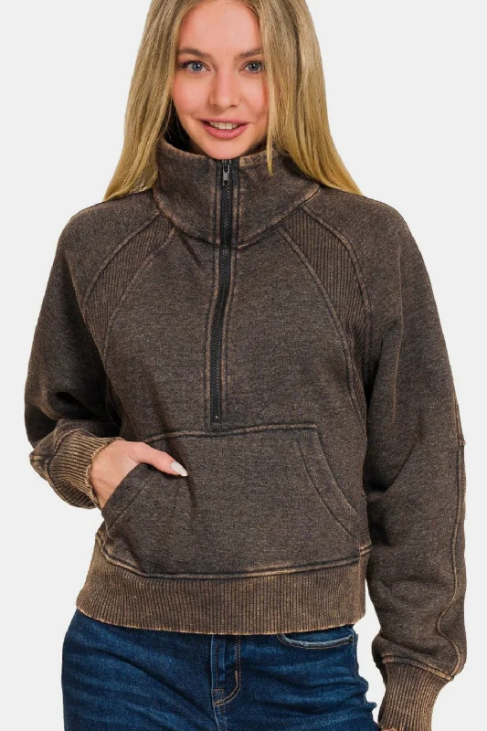 Crop Bodysuits to Pair with High - Waisted BottomsZenana Acid Washed Half Zip Fleece Sweatshirt